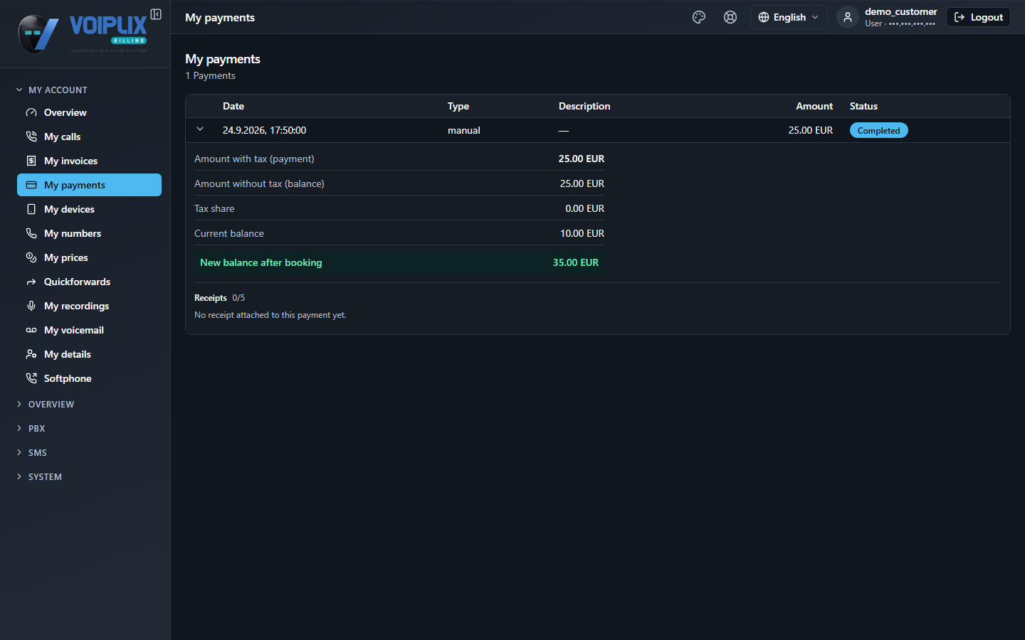 A payment row expanded, showing Amount with tax, Amount without tax, Tax share, Current balance and New balance after booking, plus a receipts line.