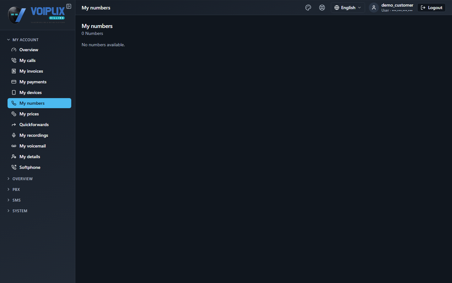 My numbers page showing an empty list of numbers on this demo account, with the My account menu on the left.