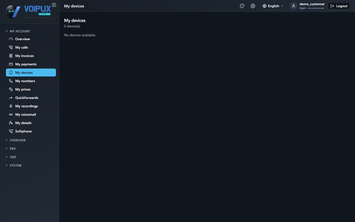 My devices page showing an empty device list on this demo account, with the My account menu on the left.