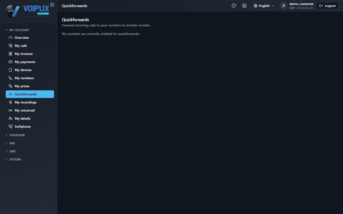Quickforwards page showing that no numbers are currently enabled for quickforwards on this demo account.