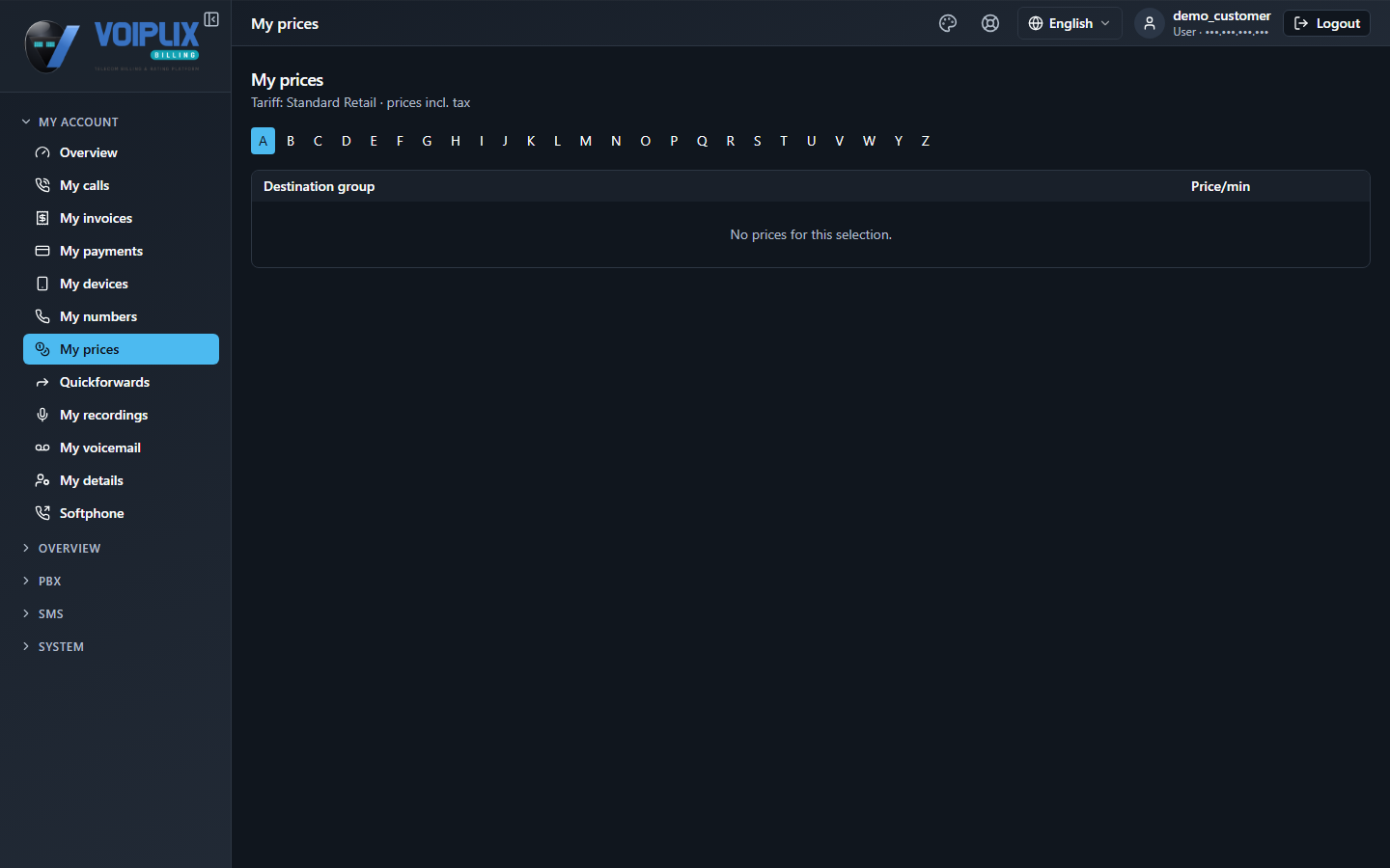 My prices page: 'Tariff: Standard Retail - prices incl. tax', an A-Z letter jump bar with A selected, and a Destination group / Price/min table showing 'No prices for this selection.'