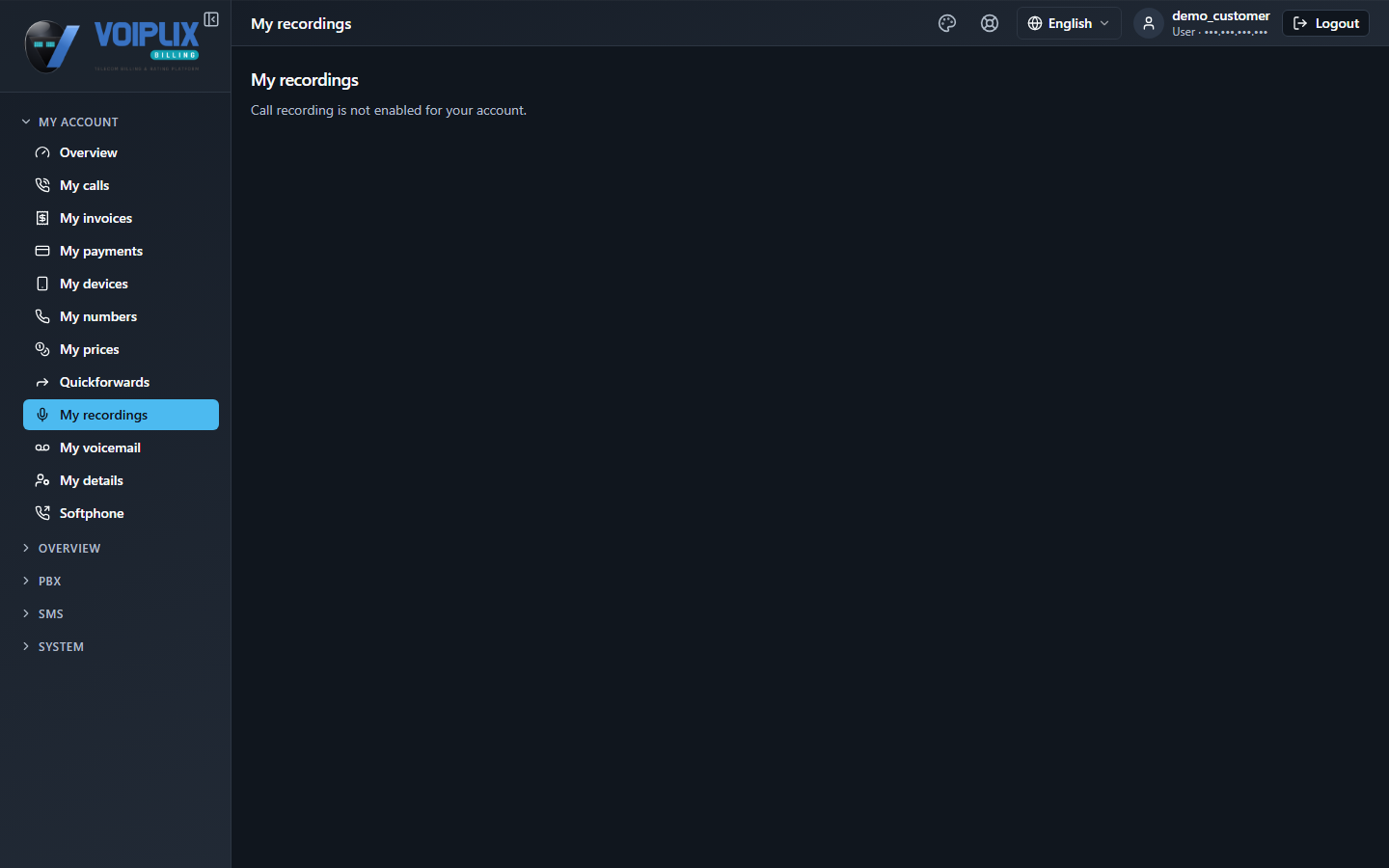 My recordings page showing only the text 'Call recording is not enabled for your account.'