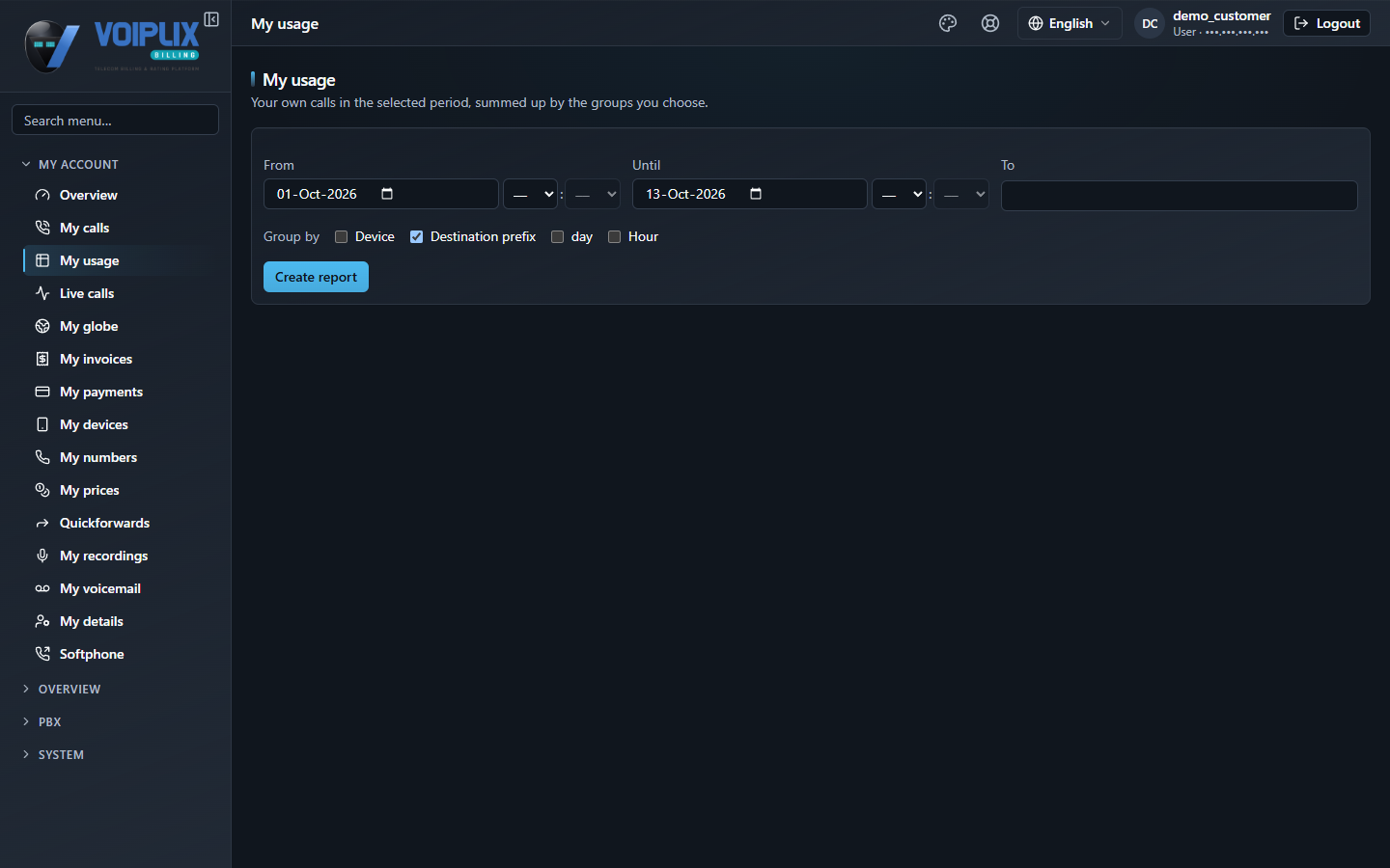 My usage page: a form with From and Until (each a date and an optional time), a To field, the Group by choices Device, Destination prefix (ticked), day and Hour, and a Create report button.