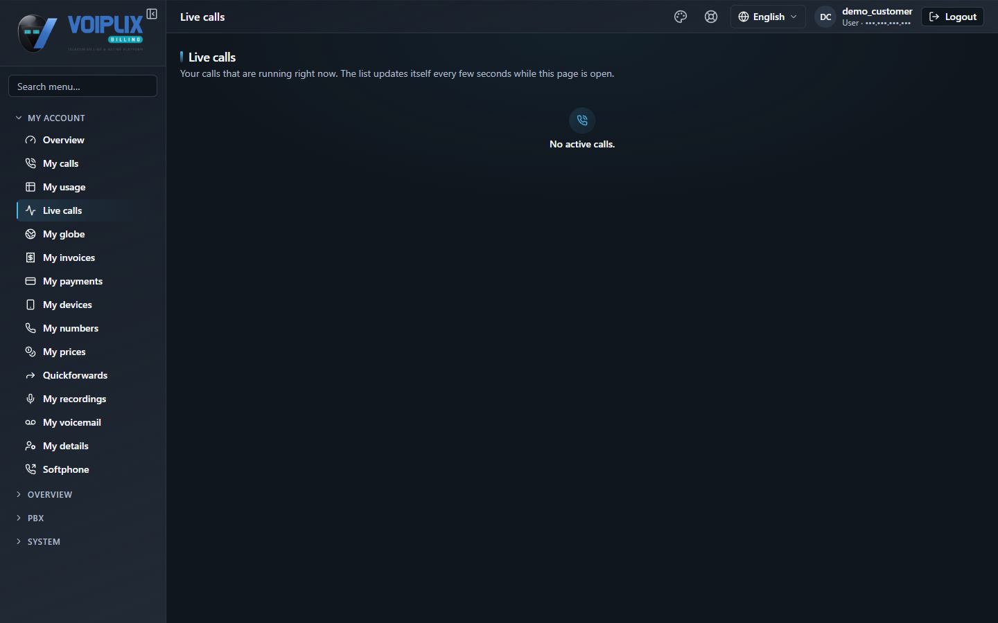 Live calls page with the explanation that the list updates itself every few seconds, and the empty state No active calls.