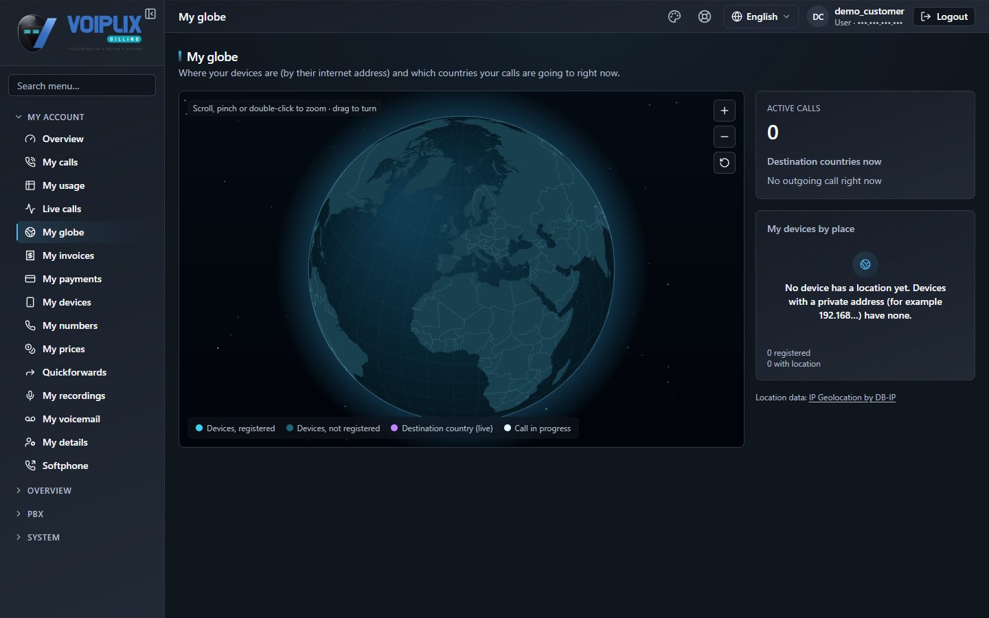 My globe page: a dark globe centred on Europe and Africa with the legend Devices registered, Devices not registered, Destination country live and Call in progress; on the right a card Active calls 0 with Destination countries now, and a card My devices by place saying that no device has a location yet.