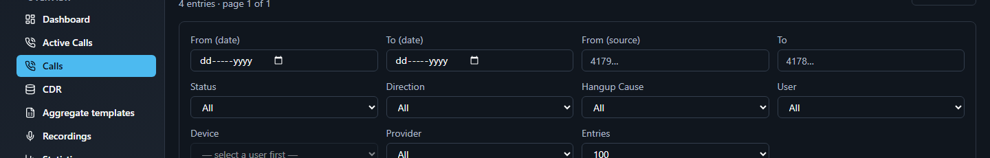 Calls search form with fields From (date), To (date), From (source), To, Status, Direction, Hangup Cause, User, Device, Provider and Entries, plus a checkbox for calls with several dial attempts.