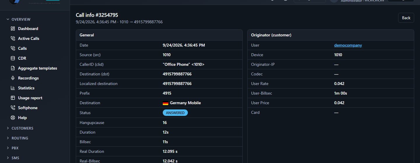 Call info page, General panel (Date, Source, CallerID, Destination, Prefix, flagged country, Status, Hangupcause, Duration, Billsec, UniqueID, Channel...) and Originator panel (User, Device, User Rate, User-Billsec, User Price).