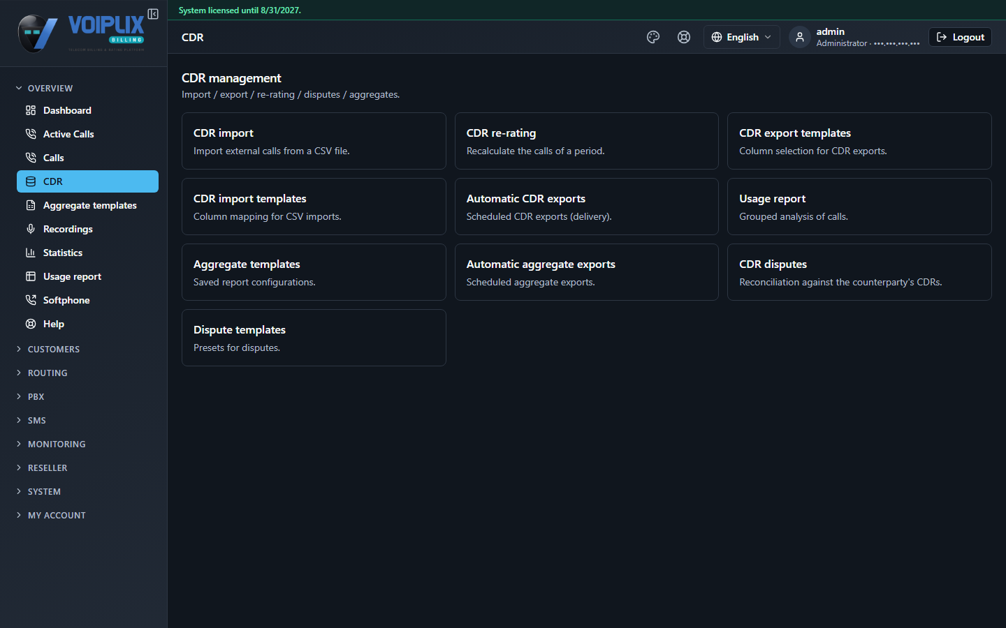 CDR management hub with tiles: CDR import, CDR re-rating, CDR export templates, CDR import templates, Automatic CDR exports, Usage report, Aggregate templates, Automatic aggregate exports, CDR disputes, Dispute templates.
