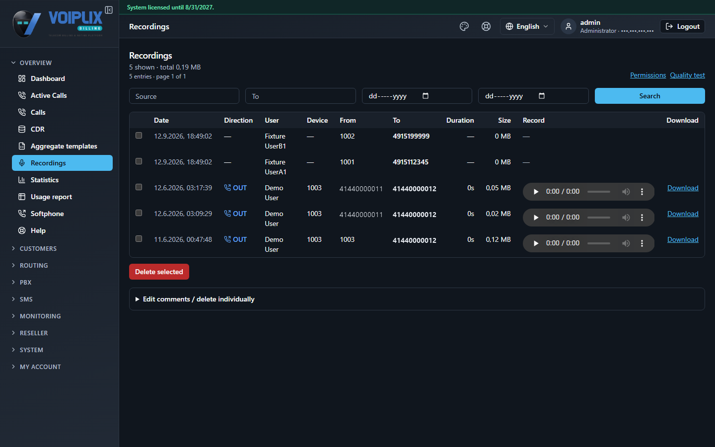Recordings page in the product: a search form (Source, To, date range) above a table with Date, Direction, User, Device, From, To, Duration, Size, Record (player) and Download columns.