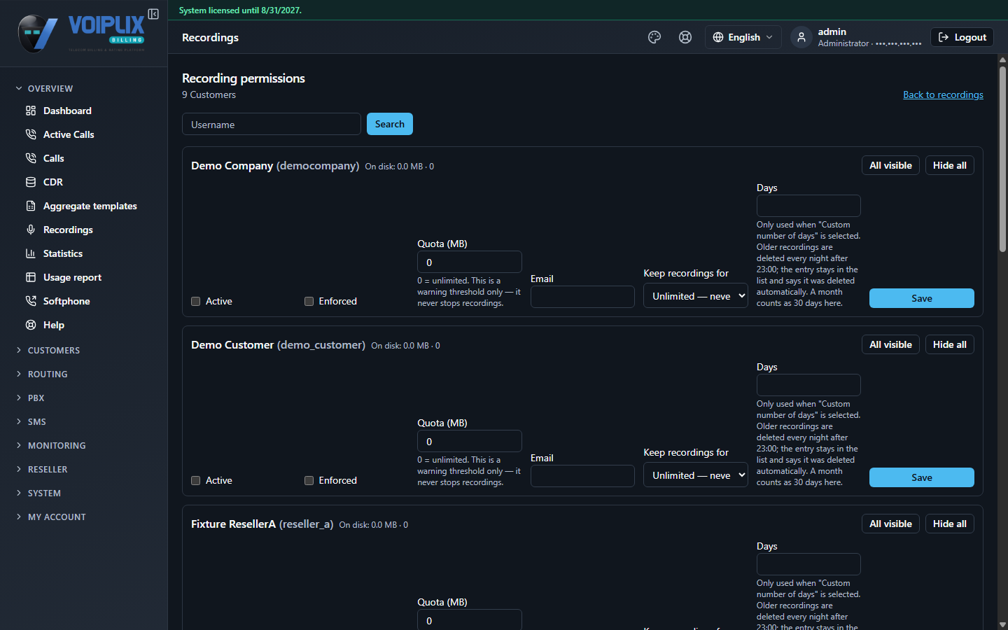 Recordings permissions page for one user: checkboxes Active and Enforced, a Quota (MB) field, an e-mail field, a 'Keep recordings for' dropdown and a custom-days field.