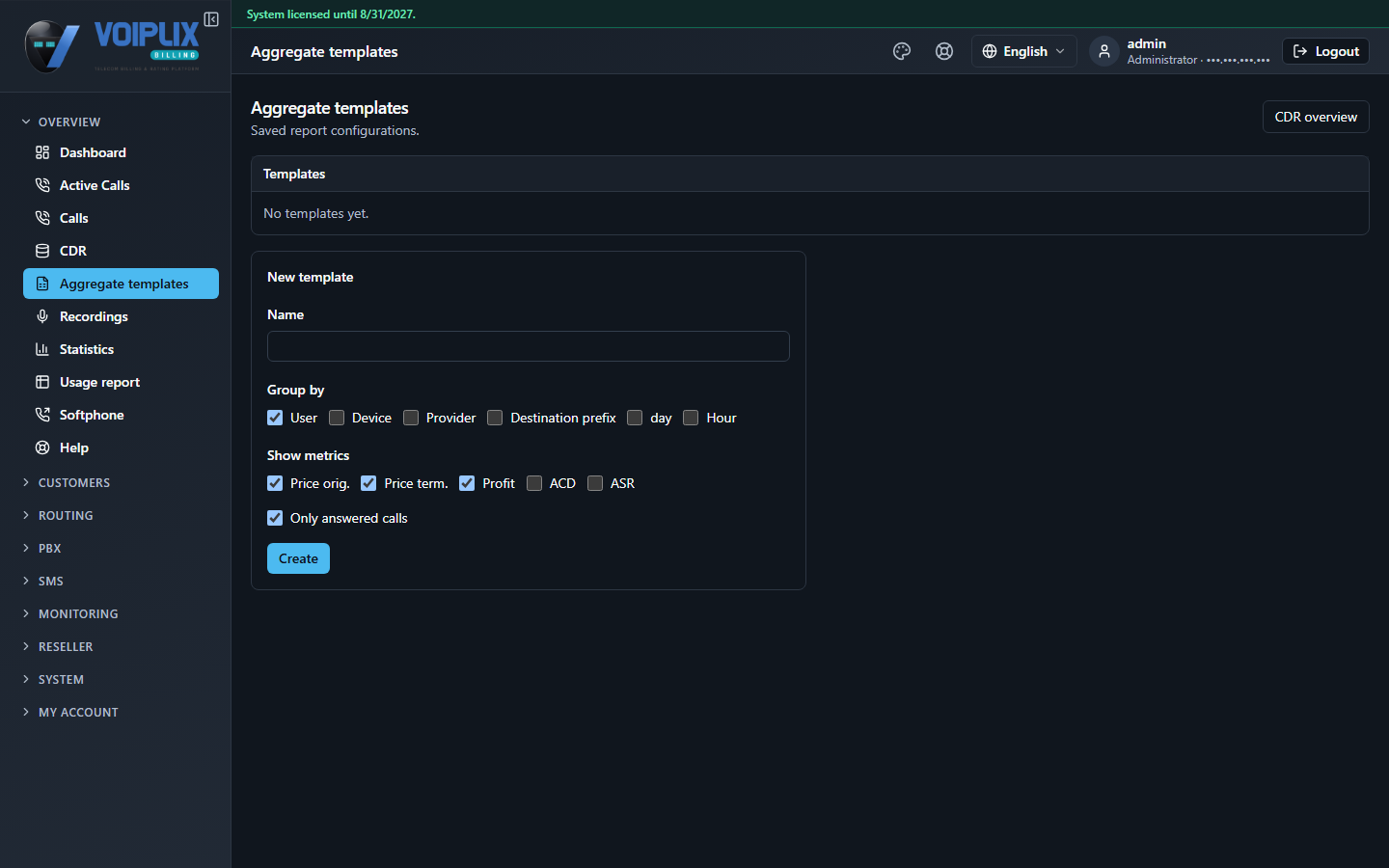 Aggregate templates page: an empty Templates list ('No templates yet'), and a New template form with a Name field, Group by checkboxes and Show metrics checkboxes.
