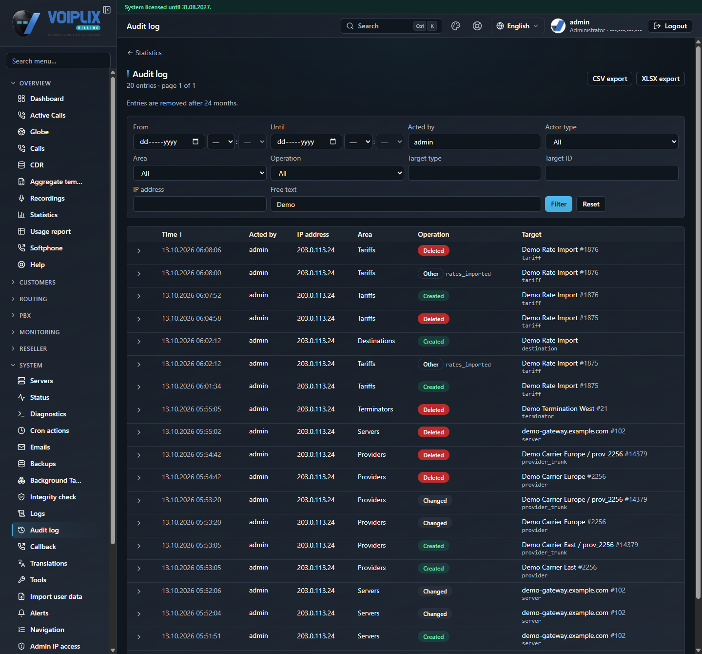 Audit log page: the CSV export and XLSX export buttons at the top right, the note that entries are removed after 24 months, a filter form (From, Until, Acted by, Actor type, Area, Operation, Target type, Target ID, IP address, Free text, Filter and Reset), and a table with the columns Time, Acted by, IP address, Area, Operation and Target. The rows show Created, Changed and Deleted entries for a tariff, a terminator, a server and a provider.