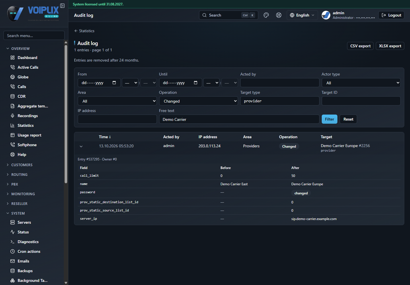 One opened Audit log row, a changed provider: the Field, Before and After table shows call_limit 0 to 50, name Demo Carrier East to Demo Carrier Europe, server_ip set to a host name, and password with the grey label changed instead of a value.