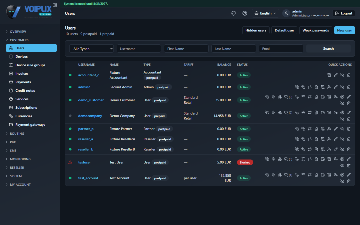 Operator's Users list with rows for accountant_c, admin2, demo_customer, democompany, partner_p, reseller_a, reseller_b, testuser and test_account; the reseller_a row's Quick actions column carries the Log in as icon among others.