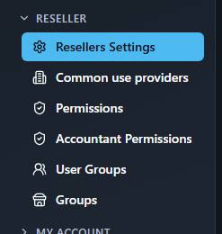 Sidebar RESELLER section expanded, listing six items: Resellers Settings, Common use providers, Permissions, Accountant Permissions, User Groups, Groups.