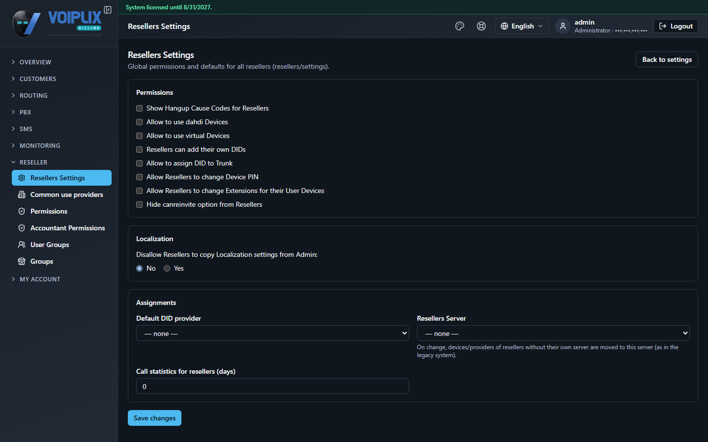 Resellers Settings page with three cards: Permissions (eight checkboxes), Localization (a yes/no radio), and Assignments (Default DID provider, Resellers Server, Call statistics for resellers in days).