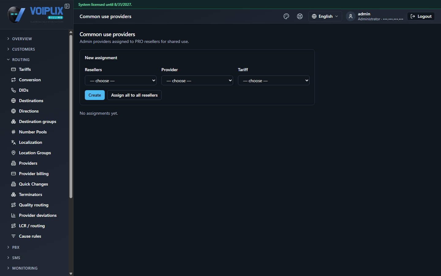 Common use providers page: a New assignment form with Resellers, Provider and Tariff dropdowns, a Create and an Assign all to all resellers button, and 'No assignments yet.' below.