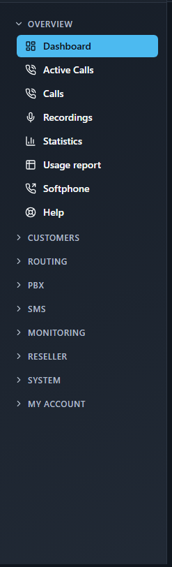 Full sidebar signed in as reseller_a: OVERVIEW expanded (Dashboard, Active Calls, Calls, Recordings, Statistics, Usage report, Softphone, Help), then collapsed CUSTOMERS, ROUTING, PBX, SMS, MONITORING, RESELLER, SYSTEM, MY ACCOUNT.