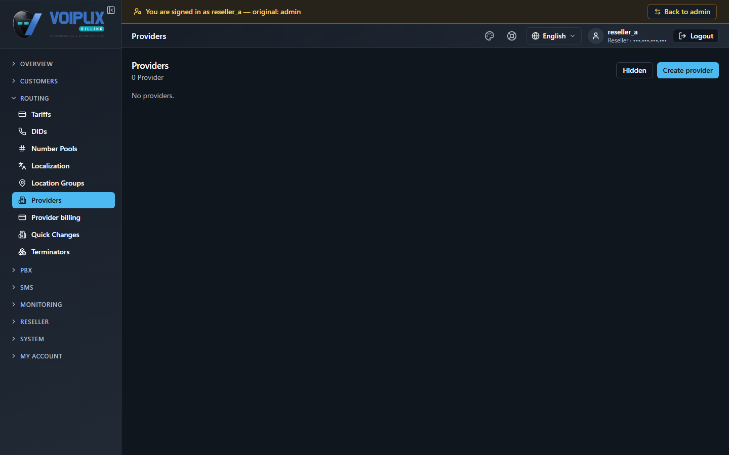 Providers page signed in as reseller_a: '0 Provider', 'No providers.', a Create provider button and a Hidden button.