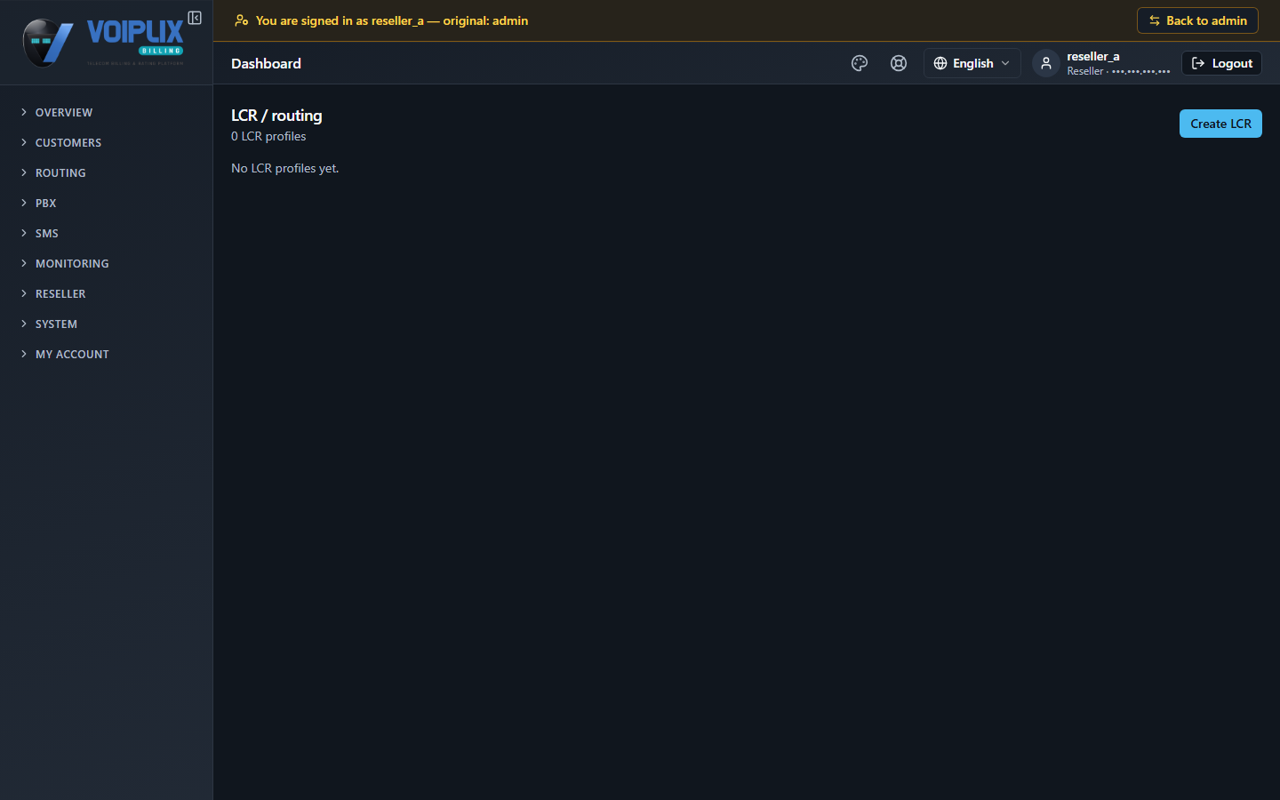 The /routing page opened directly, signed in as reseller_a: 'LCR / routing', '0 LCR profiles', 'No LCR profiles yet.', a Create LCR button; RESELLER section in the sidebar is not expanded here.