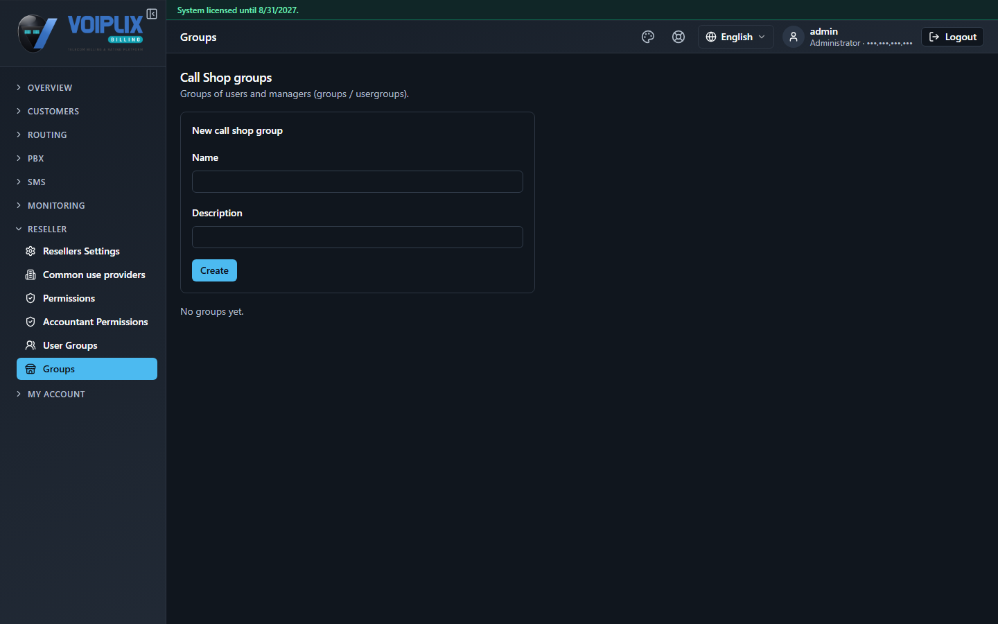 Groups page, heading 'Call Shop groups', subtitle 'Groups of users and managers (groups / usergroups).', a New call shop group form with Name and Description fields and a Create button, and 'No groups yet.' below.
