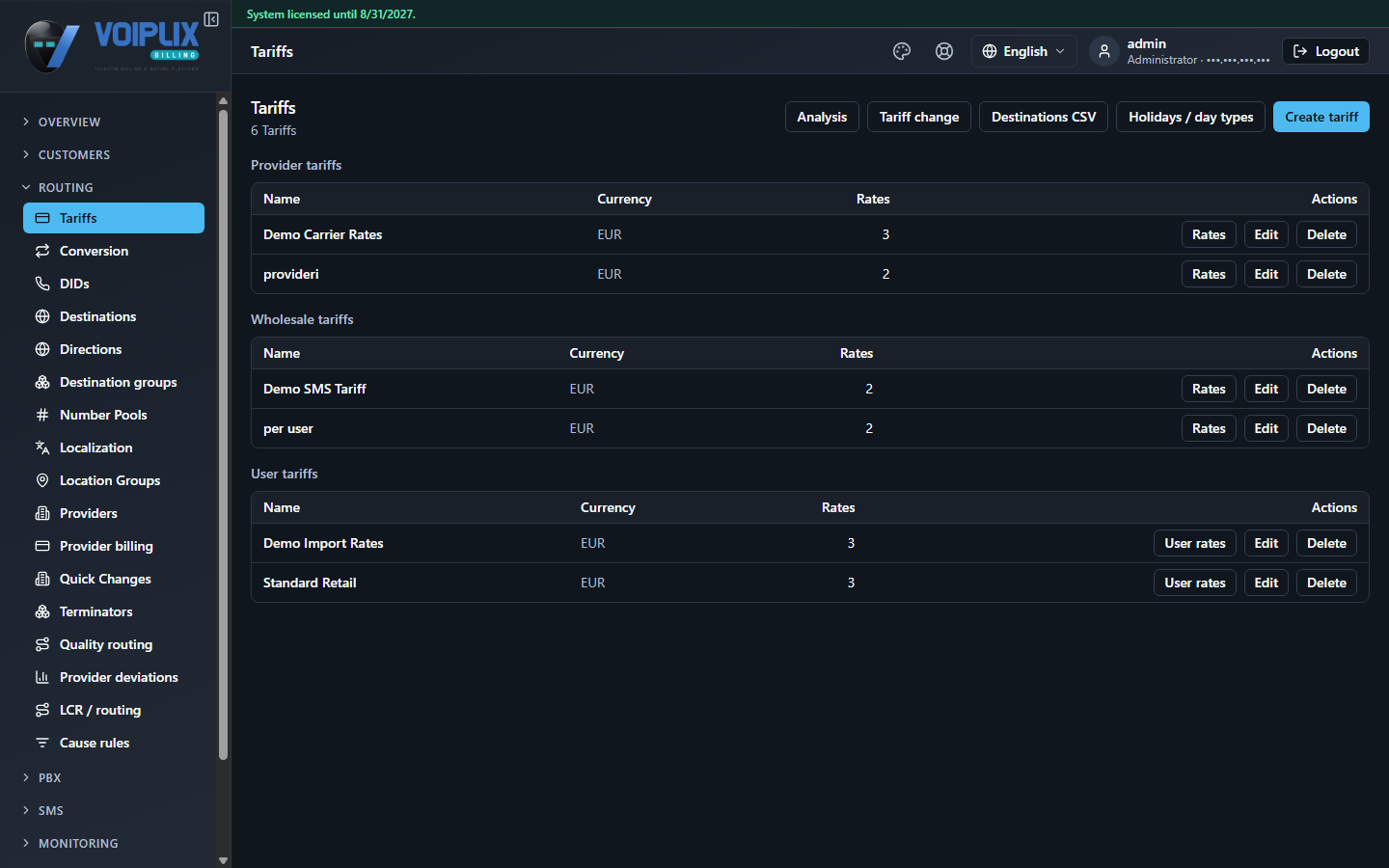 Tariffs page with three groups: Provider tariffs, Wholesale tariffs (containing Demo SMS Tariff), and User tariffs — the SMS tariff sits next to the voice tariffs, same table, same actions.
