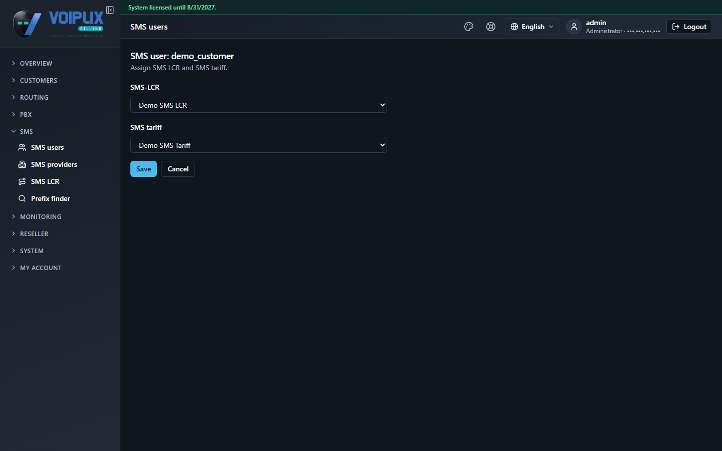 SMS user edit page for demo_customer with two dropdowns, SMS-LCR set to Demo SMS LCR and SMS tariff set to Demo SMS Tariff, plus Save and Cancel buttons.
