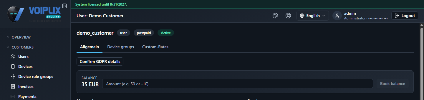 Demo Customer's user detail page, top section, showing status badges user/postpaid/Active and a Balance card reading 35 EUR.