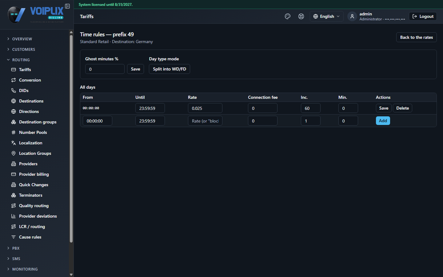 Time rules page for prefix 49, showing Ghost minutes % and Day type mode (Split into WD/FD) above an 'All days' table with From/Until/Rate/Connection fee/Inc./Min. columns and an Add row.