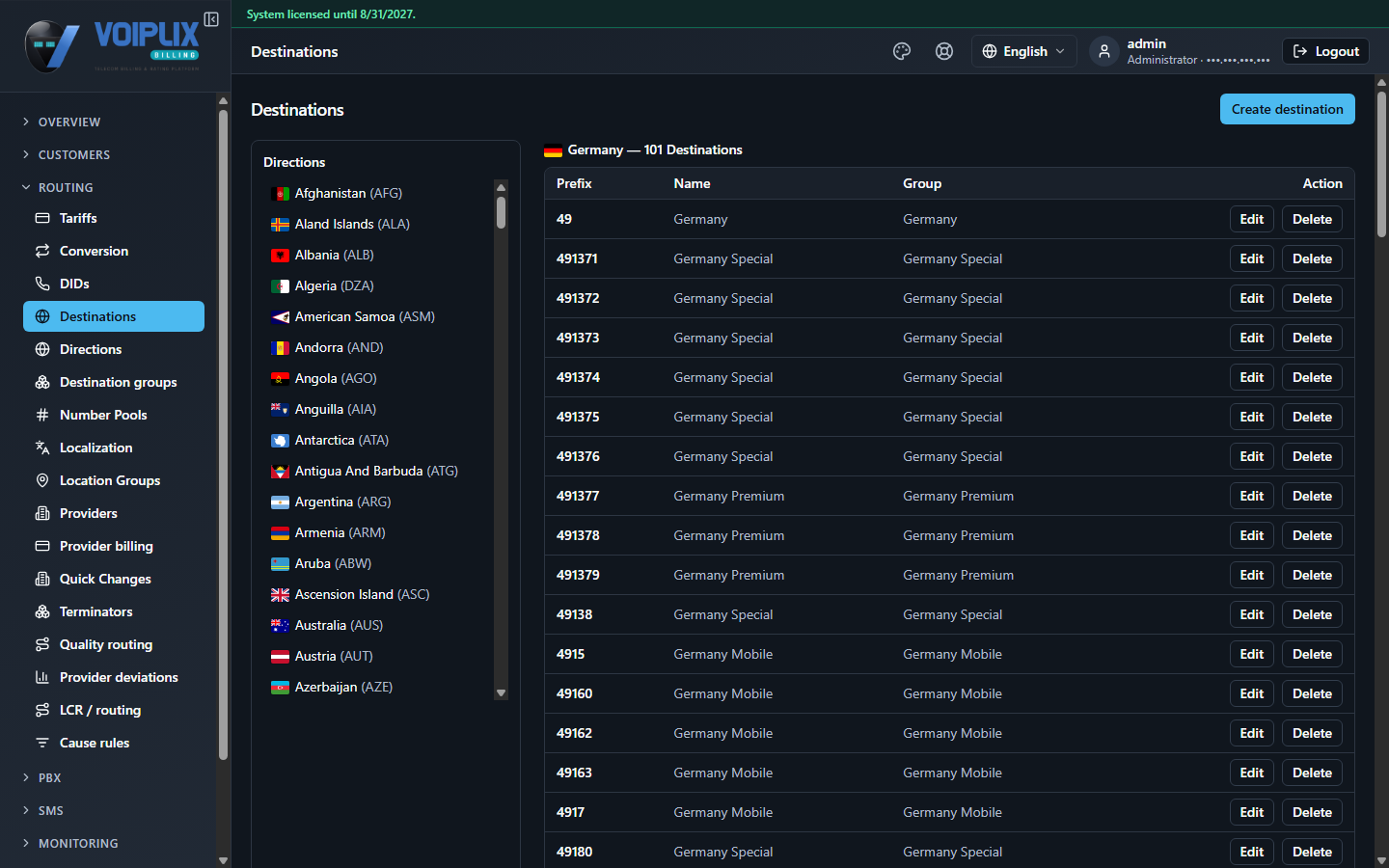 Destinations page: a scrollable list of Directions (countries with flags and codes) on the left, and a table of Germany's destinations (Prefix, Name, Group) on the right.