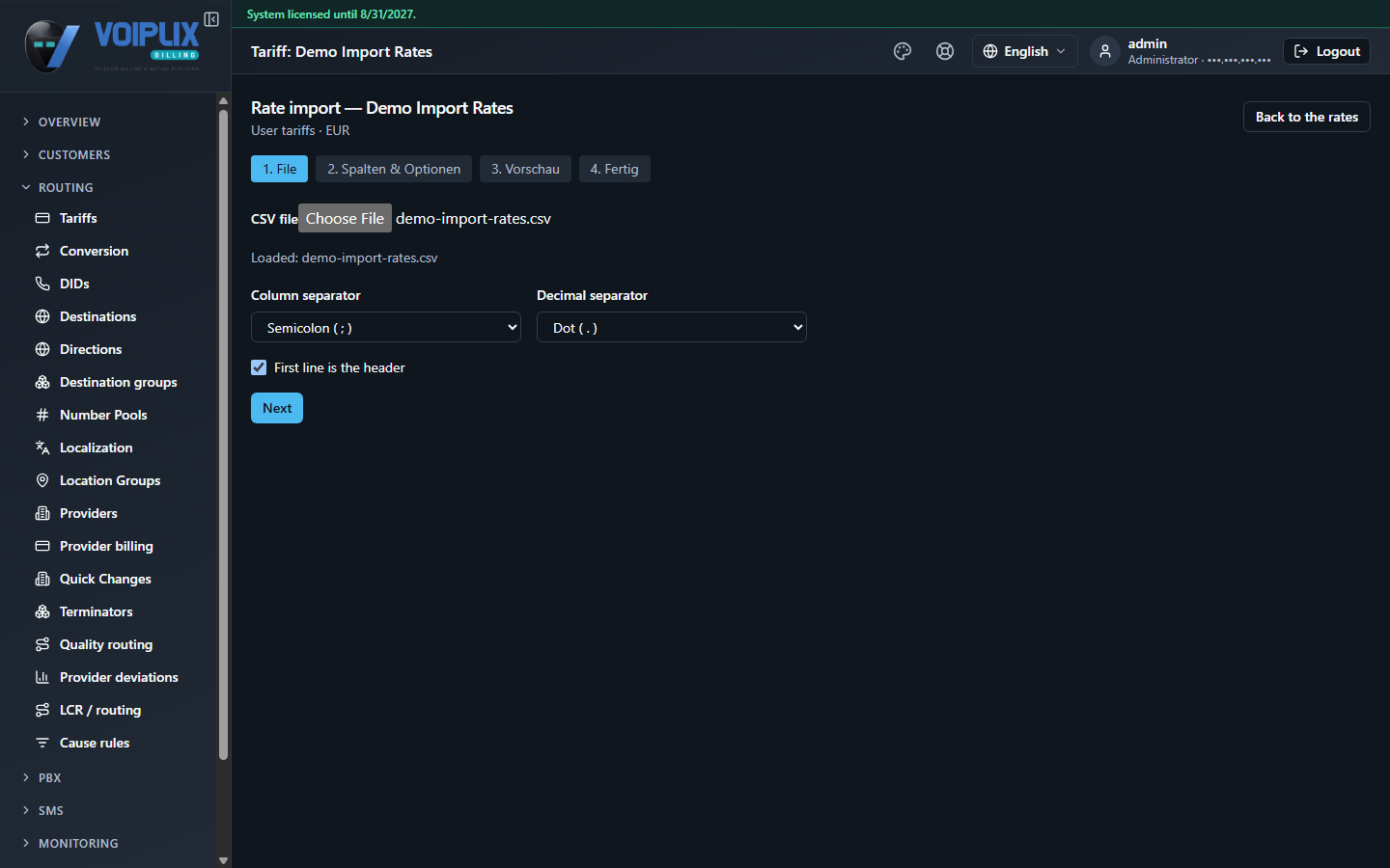 Rate import step 1: a chosen CSV file, Column separator set to Semicolon, Decimal separator set to Dot, and a checked 'First line is the header' box.