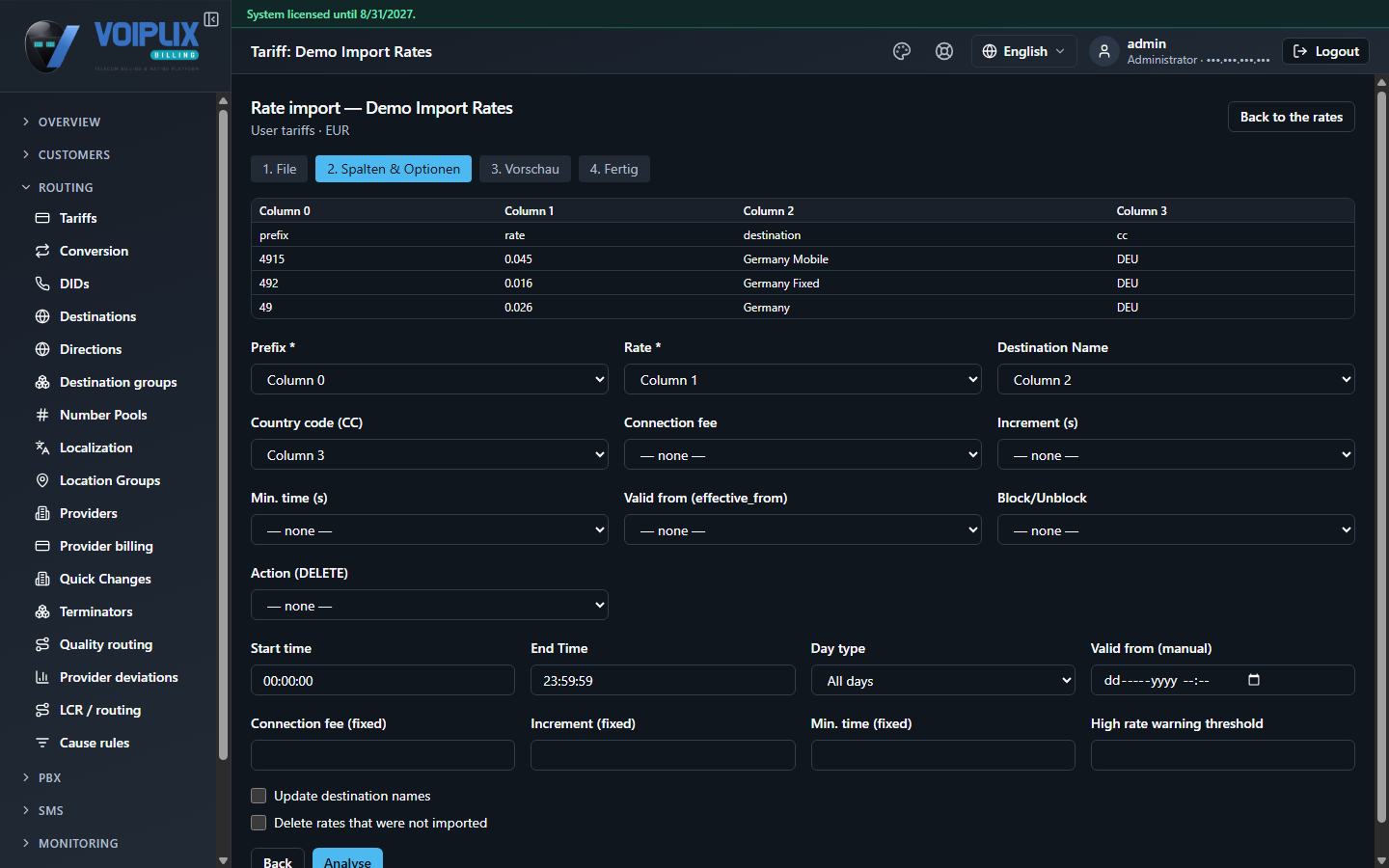 Rate import step 2: a preview table (Column 0-3) above field-mapping dropdowns for Prefix, Rate, Destination Name, Country code, Connection fee, Increment, Min. time, Valid from, Block/Unblock and Action, plus Start time/End Time/Day type/Valid from manual fields and two checkboxes.