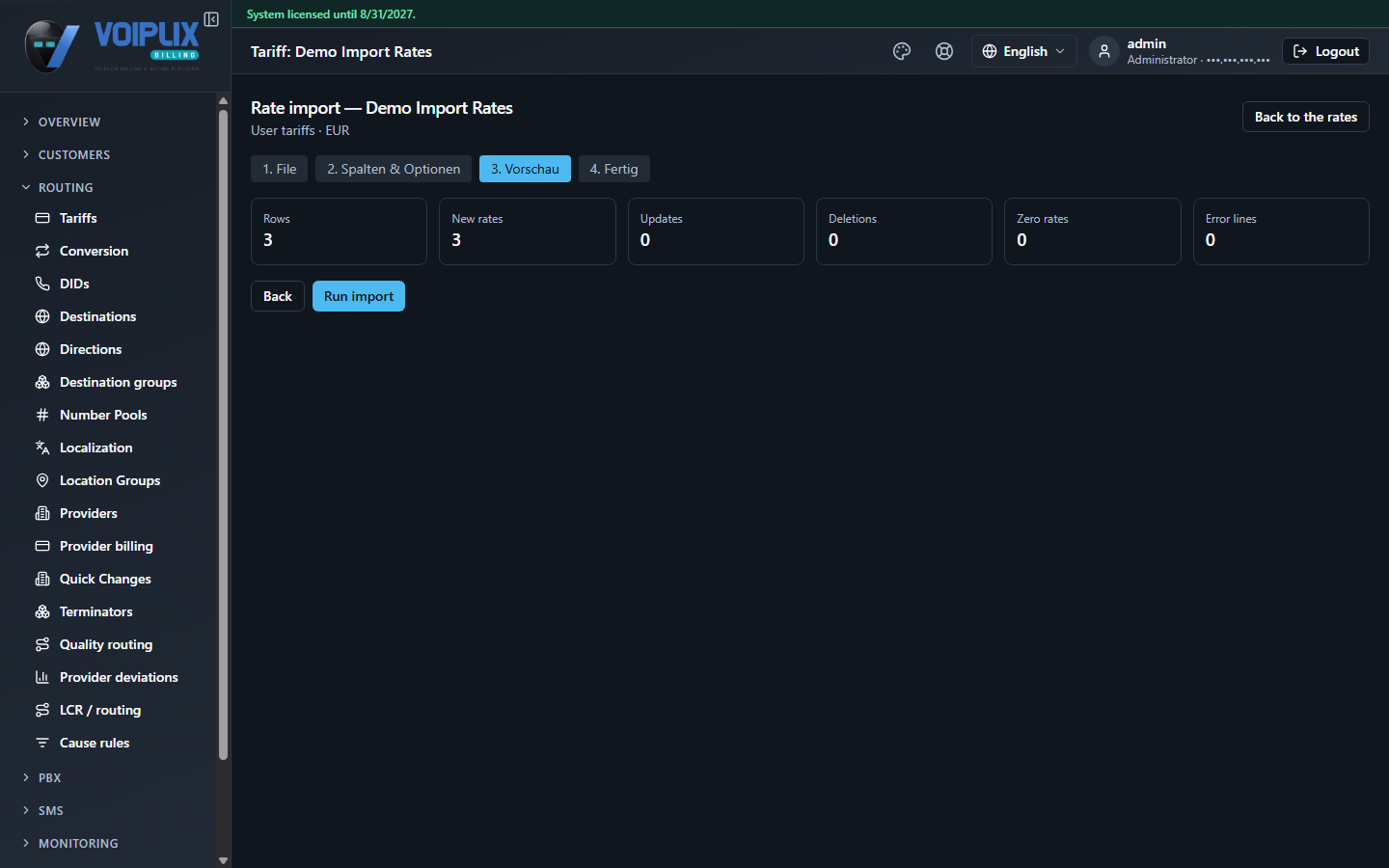 Rate import step 3: six stat tiles — Rows 3, New rates 3, Updates 0, Deletions 0, Zero rates 0, Error lines 0 — with Back and Run import buttons.