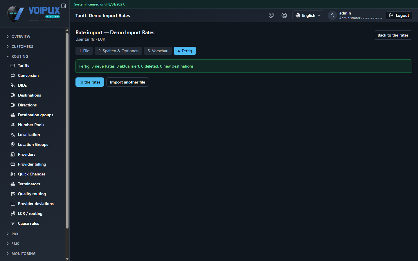 Rate import step 4: a green confirmation banner reporting 3 new rates, 0 updated, 0 deleted, 0 new destinations, with 'To the rates' and 'Import another file' buttons.