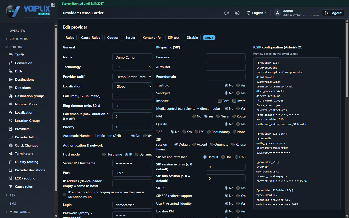 Provider edit page for Demo Carrier: General fields (Name, Technology, Provider tariff, Localization, Call limit, Ring timeout, Call timeout, Priority, ANI), Authentication & network fields (Host mode, Server IP/hostname, Port, IP authentication, Login, Password, Registration active, Registration extension, Active), and a live PJSIP configuration preview on the right.