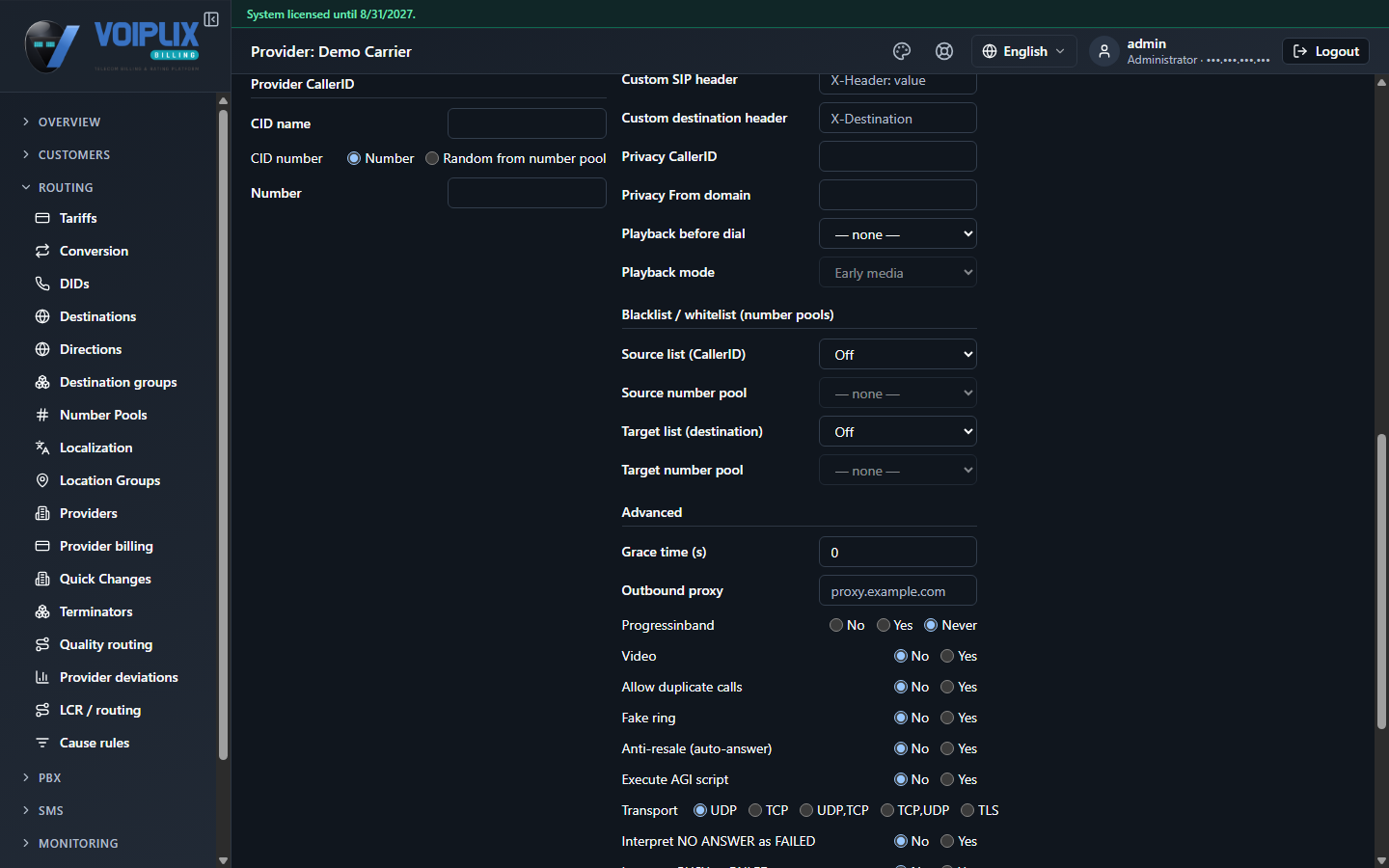 Provider CallerID section: CID name, CID number with a choice between Number and Random from number pool, plus Custom SIP header, Custom destination header, Privacy CallerID, Privacy From domain and Playback fields.