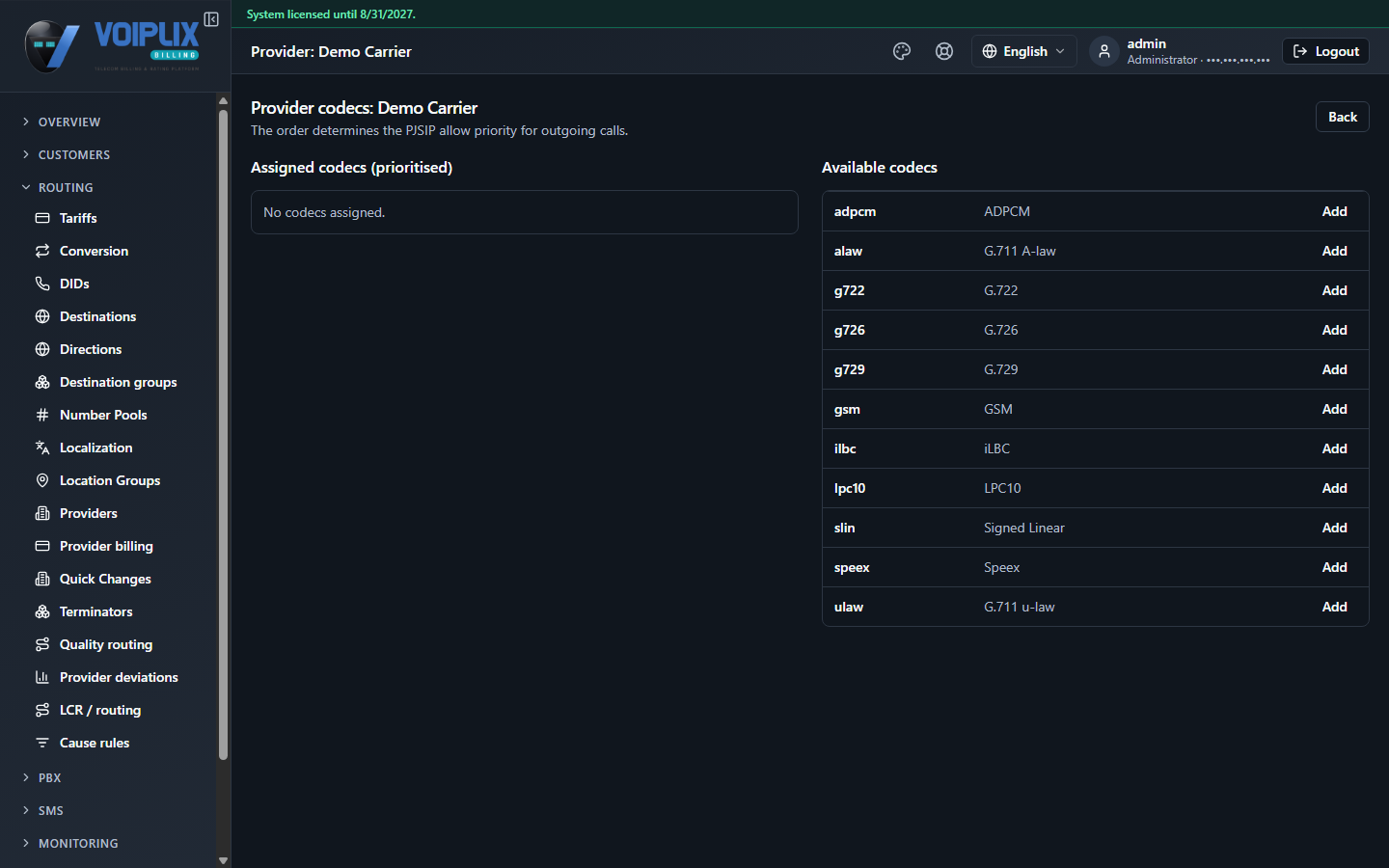 Provider codecs page for Demo Carrier: an empty 'Assigned codecs (prioritised)' list on the left, and 'Available codecs' (adpcm, alaw, g722, g726, g729, gsm, ilbc, lpc10, slin, speex, ulaw) with Add buttons on the right.