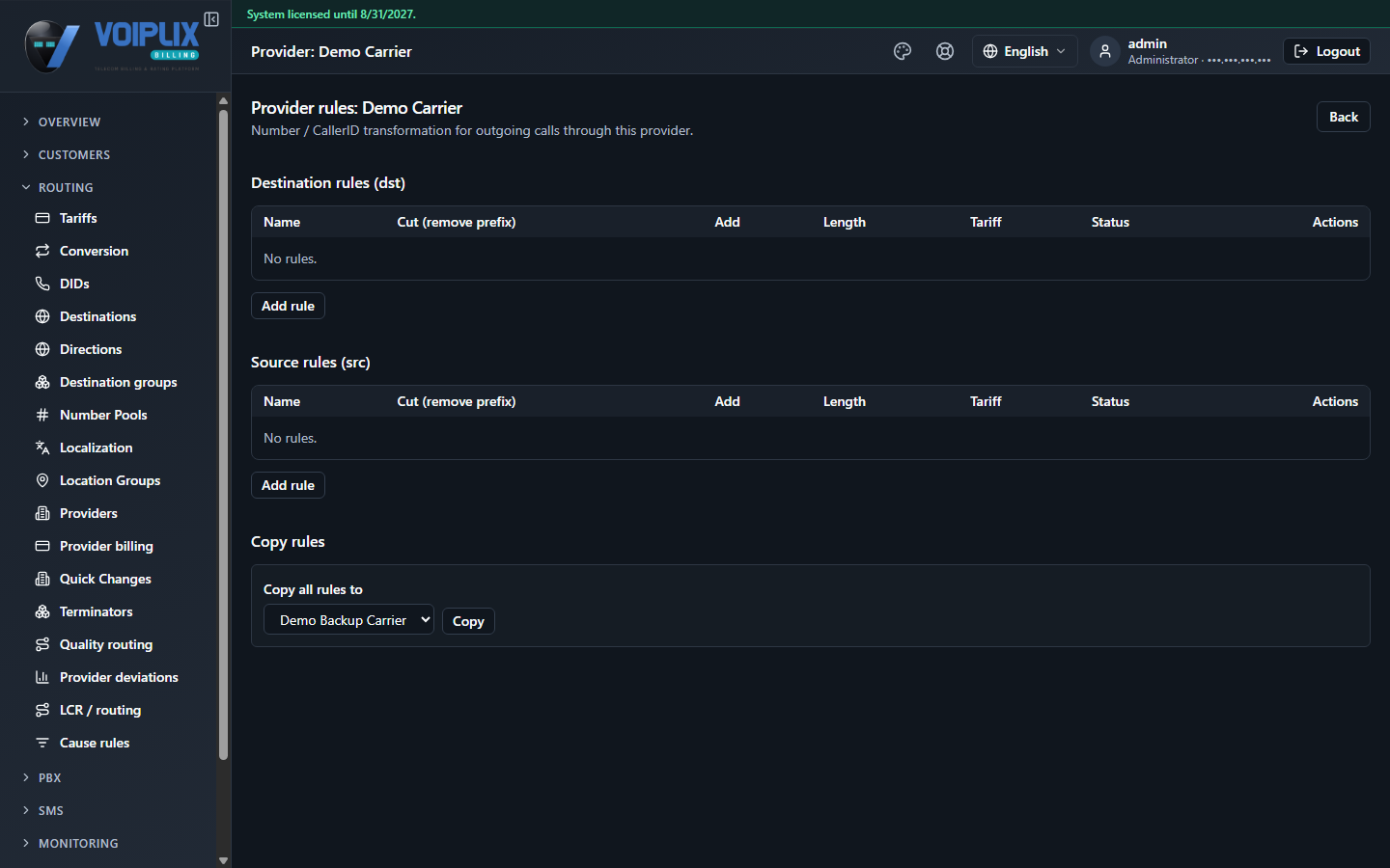 Provider rules page for Demo Carrier: empty Destination rules (dst) and Source rules (src) tables, each with Name, Cut (remove prefix), Add, Length, Tariff, Status and Actions columns, plus a Copy rules section offering to copy all rules to Demo Backup Carrier.