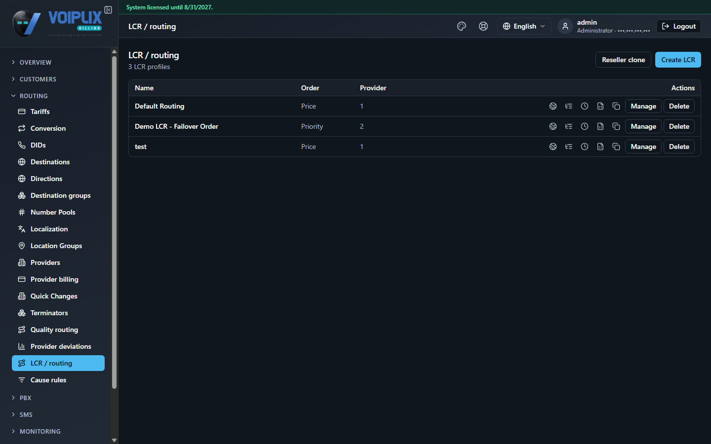 LCR / routing list with three rows: Default Routing (Order Price, 1 provider), Demo LCR - Failover Order (Order Priority, 2 providers), and test (Order Price, 1 provider), each with Manage and Delete actions.