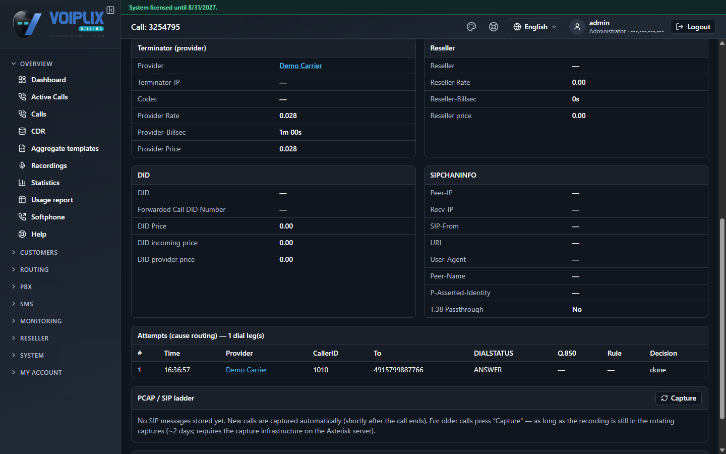 The same call's Terminator (provider) panel: Provider Demo Carrier, Provider Rate 0.028, Provider-Billsec 1m 00s, Provider Price 0.028; alongside a Reseller panel showing zero, and an Attempts (cause routing) table with one dial leg to Demo Carrier that answered.