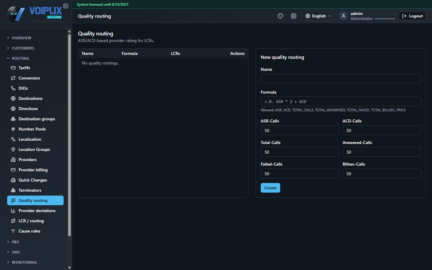 Quality routing page: an empty list (Name / Formula / LCRs / Actions, 'No quality routings.') next to a New quality routing form with a Name field, a Formula field with a formula example and the note 'Allowed: ASR, ACD, TOTAL_CALLS, TOTAL_ANSWERED, TOTAL_FAILED, TOTAL_BILLSEC, PRICE', six number fields (ASR-Calls, ACD-Calls, Total-Calls, Answered-Calls, Failed-Calls, Billsec-Calls, each defaulted to 50), and a Create button.