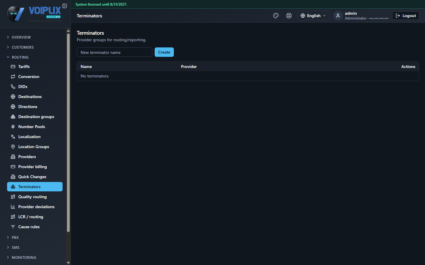 Terminators page: a 'New terminator name' text field with a Create button, and a list table with columns Name, Provider, Actions, currently showing 'No terminators.'