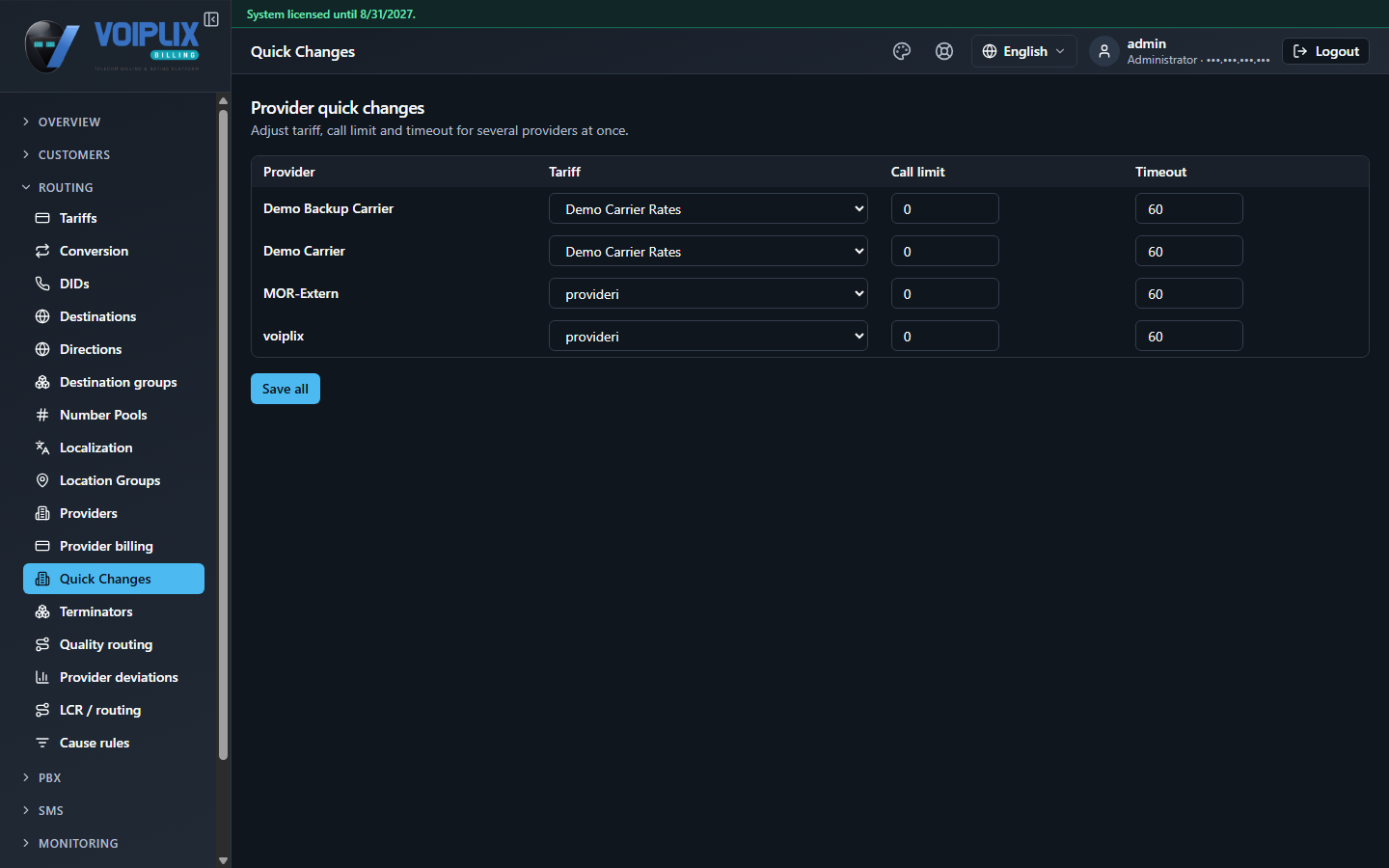Provider quick changes table with columns Provider, Tariff, Call limit, Timeout, one row per provider, a Tariff dropdown and Call limit / Timeout number fields in each row, and a Save all button below the table.