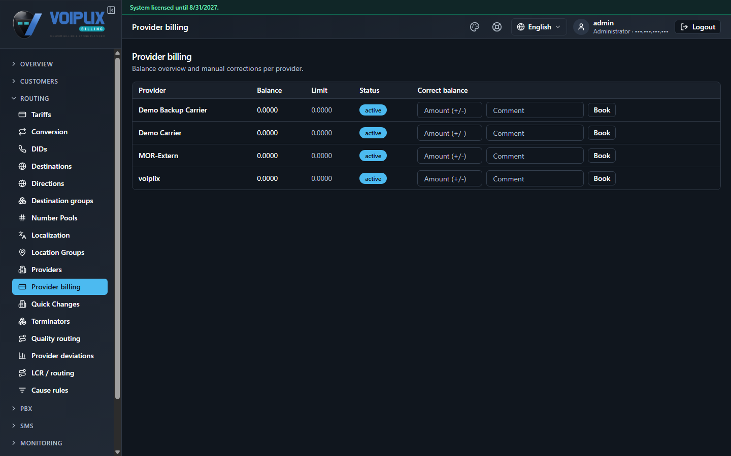 Provider billing table: columns Provider, Balance, Limit, Status, Correct balance. Four rows, each showing a balance and limit of 0.0000, an 'active' status badge, and an Amount (+/-) field, a Comment field and a Book button.