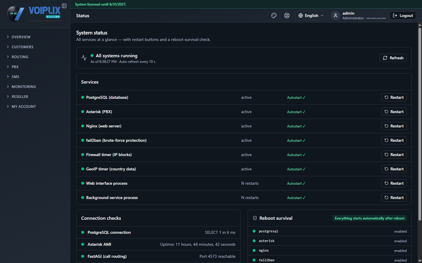 System status page showing a green "All systems running" banner, a list of services (PostgreSQL, Asterisk, Nginx, fail2ban, Firewall timer, GeoIP timer, Web interface process, Background service process) each with a green dot and a Restart button, and Connection checks below.