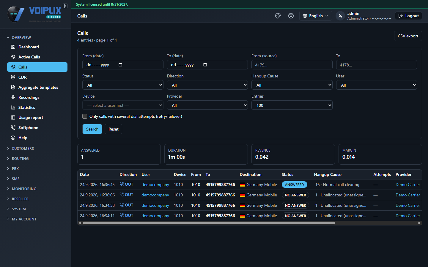 Calls list filtered to one device, showing columns Date, Direction, User, Device, From, To, Destination, Status, Hangup Cause, Attempts and Provider, with rows for ANSWERED and NO ANSWER calls.