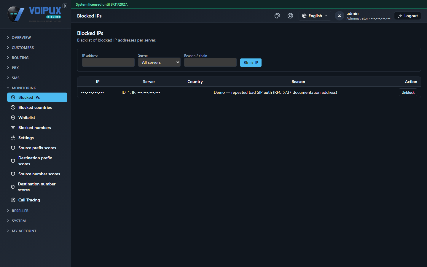 Blocked IPs page under Monitoring, with a form to block an IP (IP address, Server, Reason / chain) and a table listing one blocked IP with its reason and an Unblock button.