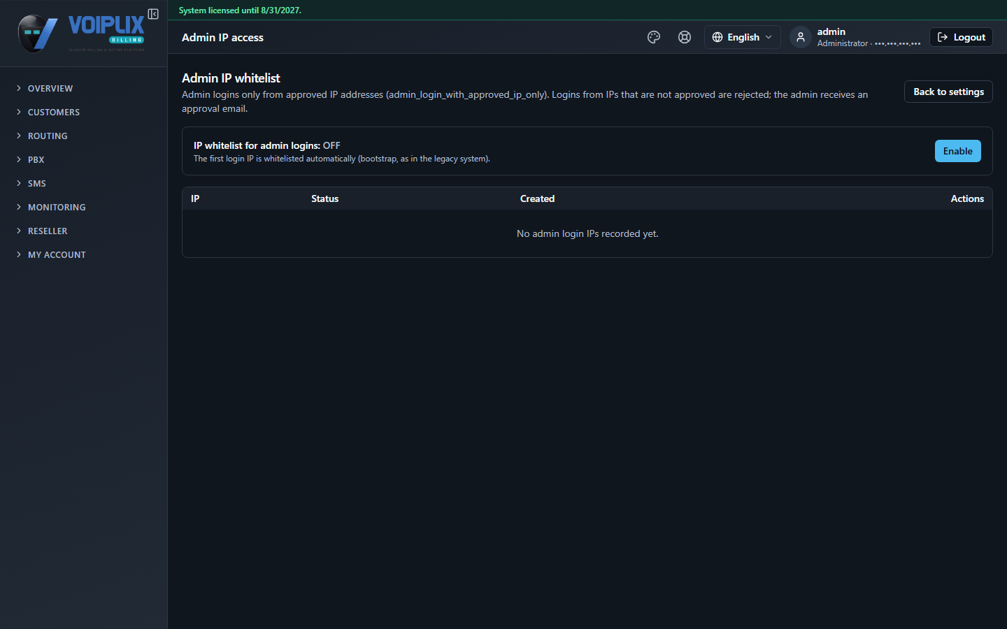 Admin IP access page showing "IP whitelist for admin logins: OFF" with an Enable button, and an empty table of recorded admin login IPs.