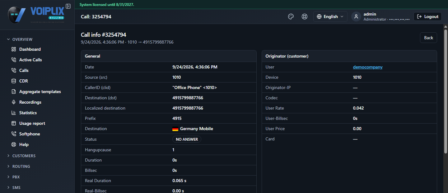 Call detail page General panel showing Status "NO ANSWER" and Hangupcause "1", alongside Date, Source, CallerID, Destination and Duration fields.