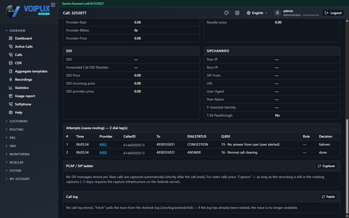 SIPCHANINFO panel on a call detail page listing Peer-IP, Recv-IP, SIP-From, URI, User-Agent, Peer-Name, P-Asserted-Identity and T.38 Passthrough, alongside a PCAP / SIP ladder panel and a Call log panel.